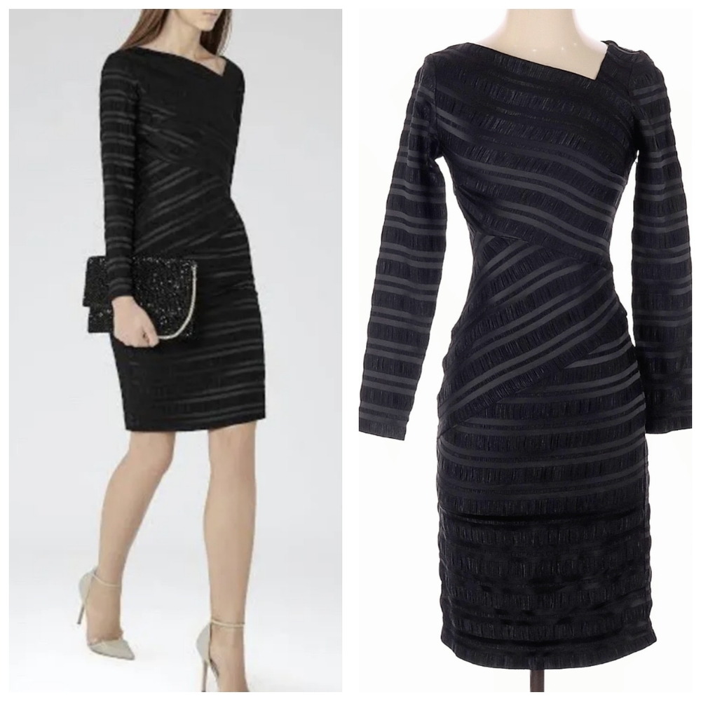 LBD Fitted Bandage Sheath Dress XS Reiss Ailette Textured Stripe Classy Office